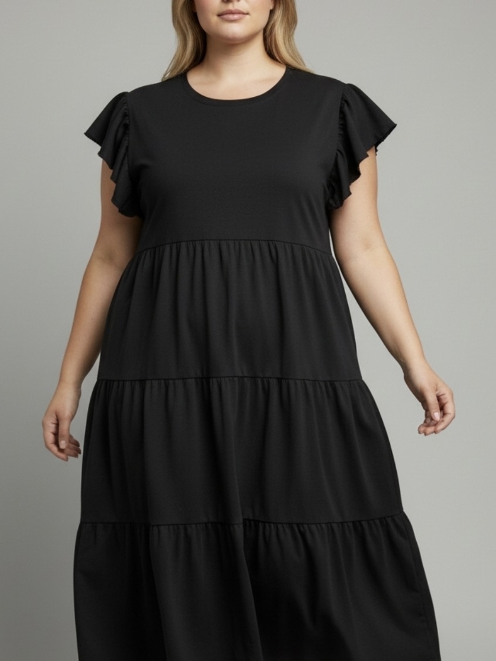 just be Black Tiered Midi Dress with Flutter Sleeves